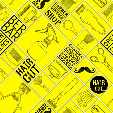 Kusursuz grafik berber aletleri dükkânı sarı colurful ton simgesi desen ve kara zemin için logo illüstrasyon işareti.
