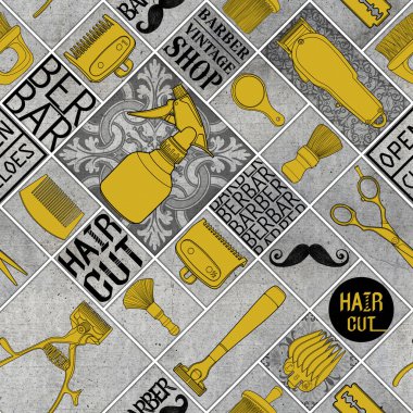 Kusursuz berber altın rengi aletler dükkan antika simgesi desen ve kara zemin için logo illüstrasyon işareti.