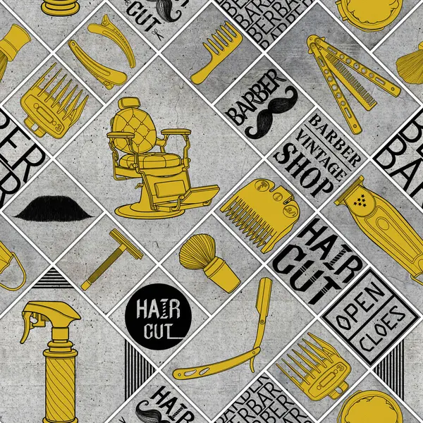 Kusursuz berber altın rengi aletler dükkan antika simgesi desen ve kara zemin için logo illüstrasyon işareti.