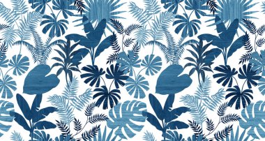 Ahşap yüzeyde ve beyaz arkaplanda kusursuz mavi tonlar orman yaprağı grafikleri.