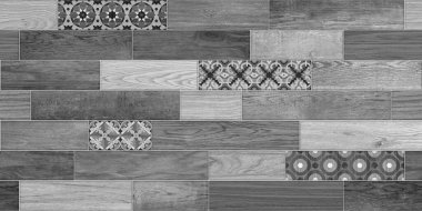 Kusursuz gri ton ve berber araçları soyut desen dekoratif ahşap desenli geometrik mozaik arka plan tasarımı.