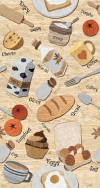 Ahşap dokusunda kusursuz kahvaltı yemekleri ve içecekler..