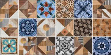 Soyut renksiz renkli geometrik antik ahşap doku tasarımı, dekorasyon için duvar kiremitleri.