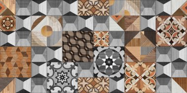 Soyut renksiz renkli geometrik antik ahşap doku tasarımı, dekorasyon için duvar kiremitleri.