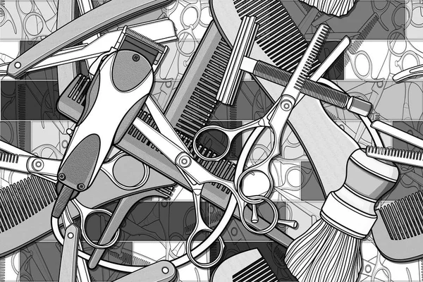 Kusursuz berber aletleri dükkan desenli resimleme mod kara zemin.