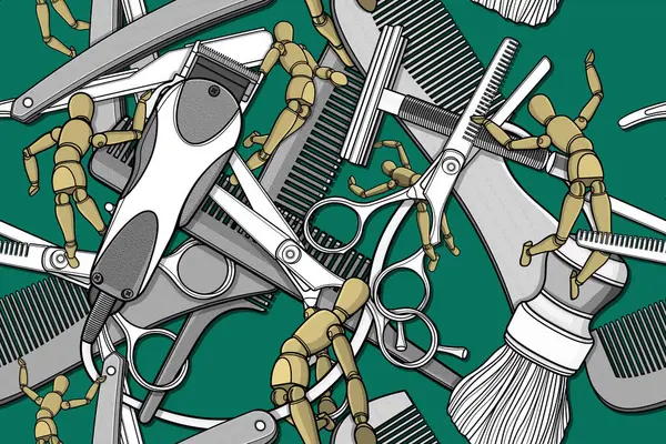 Ahşap kukla ve saç aksesuar yeşil arka plan rengarenk modern tarz uzun desenli..