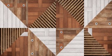 Soyut dikişsiz kahverengi ton renkli antik ahşap desen set geometrik tasarım duvar fayansları dekor için.