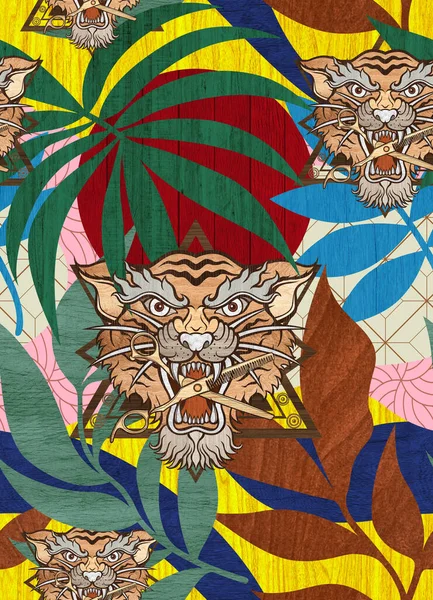 Kusursuz yaprak deseni, kumaş ve duvar kağıdı için kaplan deseni, tasarım ve dekorasyon için tropikal yapraklar ve çiçek desenli desen. 