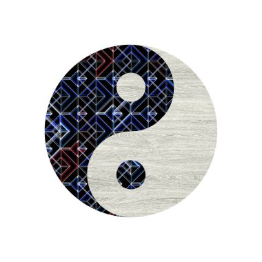 Yin Yang desenli renkli logo ve simge tasarımı ahşap doku.