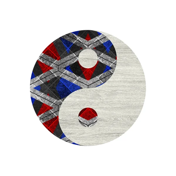 Yin Yang desenli renkli logo ve simge tasarımı ahşap doku.