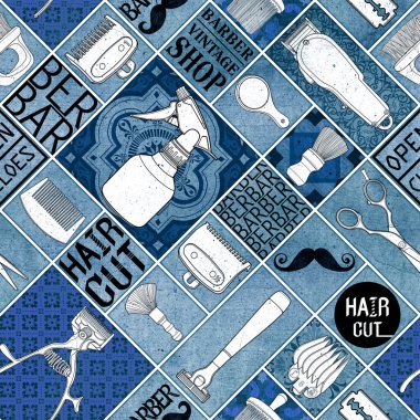 Kusursuz berber aletleri mavi klasik simge set siyah zemin.