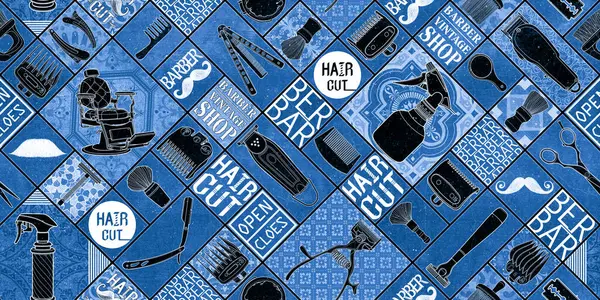 Kusursuz berber aletleri mavi ve siyah vintage simge set siyah zemin.