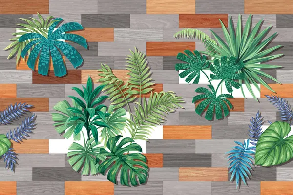 Yeşil tonlu ahşap üzerinde kusursuz yaprak grafikleri çeşitliliği .