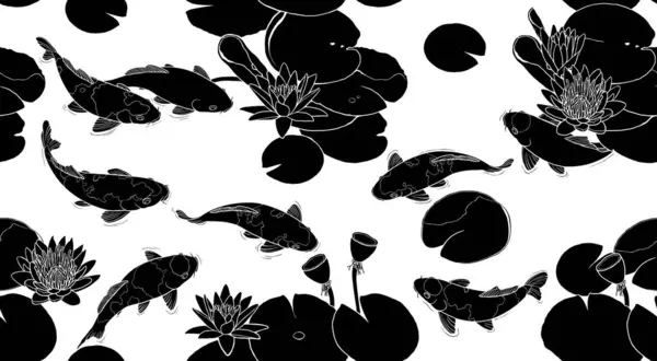 Seamless Koi fish black and white line pattern background used for decoration.