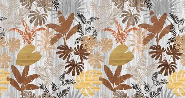 Kusursuz renksiz uzun desenli yaprak grafikleri, tropik yapraklı ahşap doku yüzeyi..