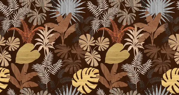 Kusursuz renksiz uzun desenli yaprak grafikleri, tropik yapraklı ahşap doku yüzeyi..
