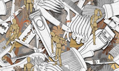 Kusursuz berber aletleri ahşap kaplama ve ahşap renkli kukla deseni..