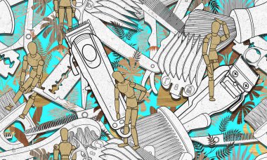 Kusursuz berber aletleri ahşap kaplama ve ahşap renkli kukla deseni..