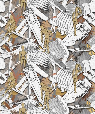 Kusursuz berber aletleri yaprak illüstrasyonu ve ahşap kukla renkli karakter tasarımı.