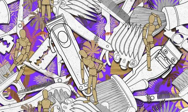 Kusursuz berber aletleri ahşap kaplama ve ahşap renkli kukla deseni..