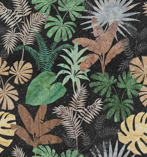 Renkli ton mermer yüzeyinde kusursuz doğa desenli yaprak grafikleri çeşitliliği.