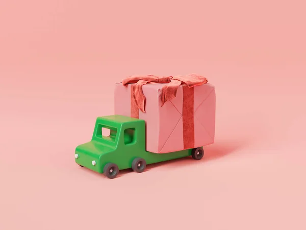 Απεικόνιση Του Πράσινου Φορτηγού Παιχνιδιών Που Μεταφέρουν Τυλιγμένο Παρόν Ροζ — Φωτογραφία Αρχείου