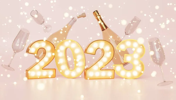 stock image Creative 3D rendering of New Year greeting card with 2023 light bulb signage placed on pink surface with images of champagne bottle and glasses