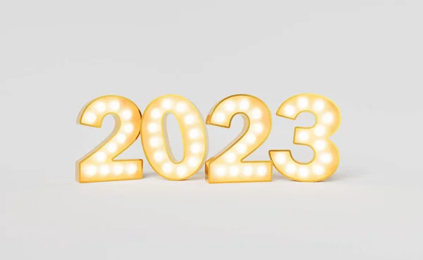 Återgivning 2023 Skyltar Med Glödande Glödlampor Mot Grå Bakgrund — Stockfoto