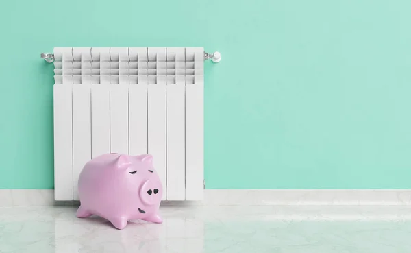 粉红储蓄罐3D图片说明 钱藏在家用绿色墙壁上的散热器附近 — 图库照片