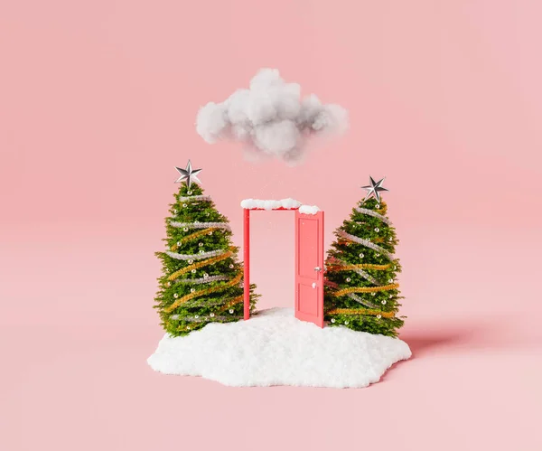 装饰圣诞树的创意3D渲染及在粉红背景云彩飘扬的雪堆上打开房屋大门 — 图库照片