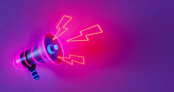 Parlak hoparlörlü, neon yıldırımlı 3 boyutlu panorama menekşe arkaplanına karşı duyuru yapıyor