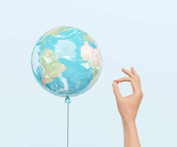 Kreatywne Renderowania Ziarna Nierozpoznawalna Osoba Popping Balon Mapą Świata Pin — Zdjęcie stockowe