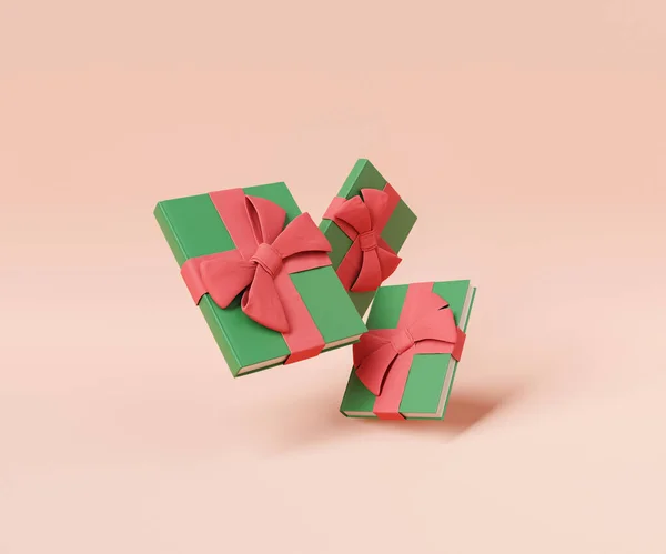 3D展示绿皮书 以彩色红丝带包裹 以浅色背景展示新年庆祝活动 — 图库照片