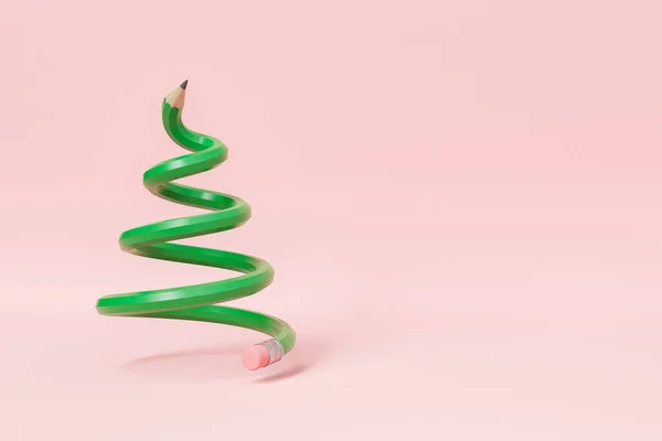 Ztvárnění Dřevěné Zelené Tužky Spirálovitém Tvaru Novoroční Slavnosti Stromeček Růžovém — Stock fotografie
