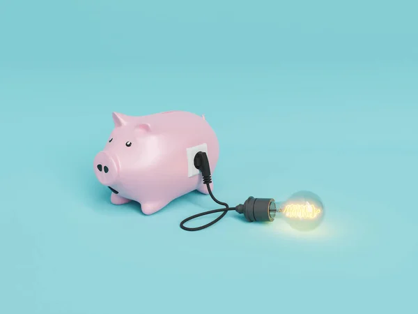 Renderização Porquinho Banco Com Plugged Lâmpada Brilhante Mostrando Conceito Despesas — Fotografia de Stock