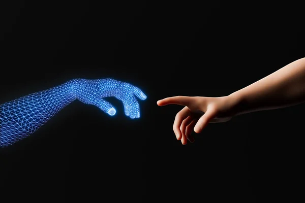 3d rendering of a luminous wire digital hand approaching a human hand on a black background in concept of digital twins, artificial intelligence and metaverse