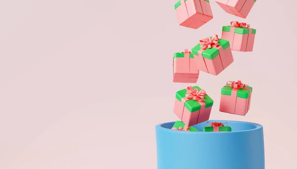3d rendering of gift boxes falling into a hole with pastel colors and text space