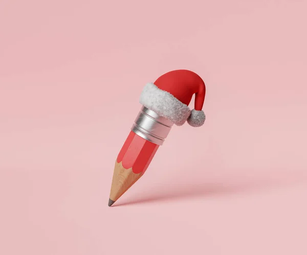 粉红背景下印有圣诞帽信息的铅笔3D图解 — 图库照片
