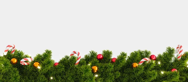 Illusztráció Zöld Tűlevelű Fák Díszített Fényes Baubles Csíkos Cukornád Szürke — Stock Fotó