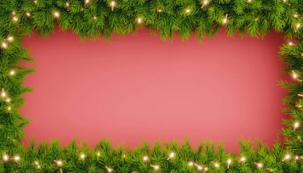 Illustration Green Coniferous Trees Fairy Lights Forming Christmas Frame Red — Stock Photo, Image