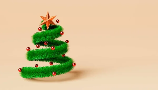 Illusztráció Zöld Tinsel Alkotó Karácsonyfa Díszített Piros Baubles Csillag Őszibarack — Stock Fotó