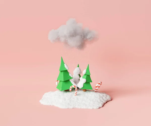 概念3D的渲染云彩和一个红色工作室背景上的小雪松林与糖果手杖 — 图库照片