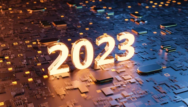 Återgivning 2023 Belyst Skylt Ett Futuristiskt Moderkort Chip Bakgrund — Stockfoto