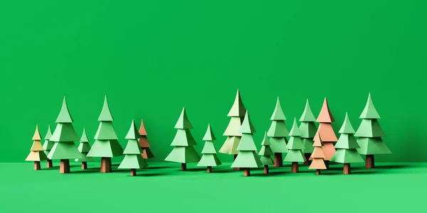 Rendering Winter Pine Forest Low Poly Style Green Studio Background — Stock Photo, Image
