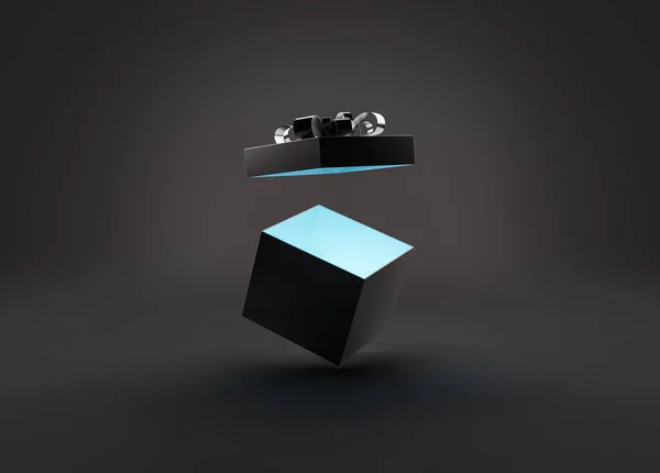 青い光が出てくる暗いシーンで開かれたギフトボックスの3Dレンダリング — ストック写真
