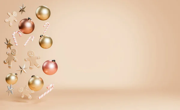 stock image 3d rendering of Christmas ornaments on a beige background with empty space
