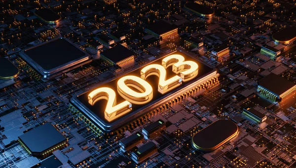 stock image 3d rendering of a new year 2023 illuminated sign on a futuristic motherboard microchip