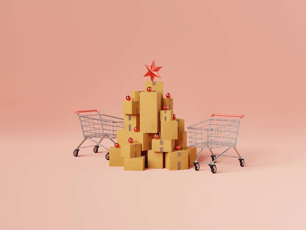 ピンクの背景にショッピングトロリーとクリスマスツリーの形で構成された上に赤い泡と星を持つカートンボックスの3Dレンダリング — ストック写真