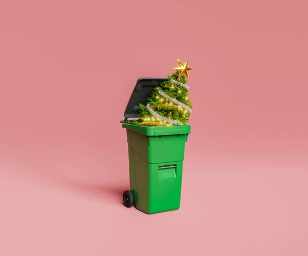Ilustración Árbol Navidad Verde Con Guirnalda Decoración Destrozada Bin Sobre — Foto de Stock