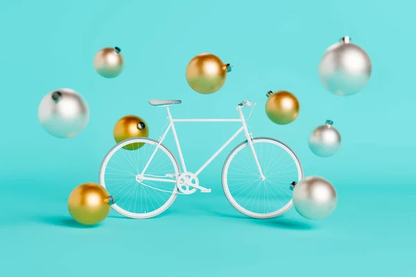 Renderelés Egy Fehér Kerékpár Arany Karácsonyi Labdák Lebeg Körülötte Egy — Stock Fotó
